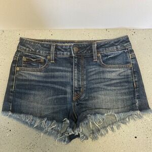 American Eagle Vintage Hi-Rise Festival Denim Shorts Dark Wash Frayed Hem Size 4